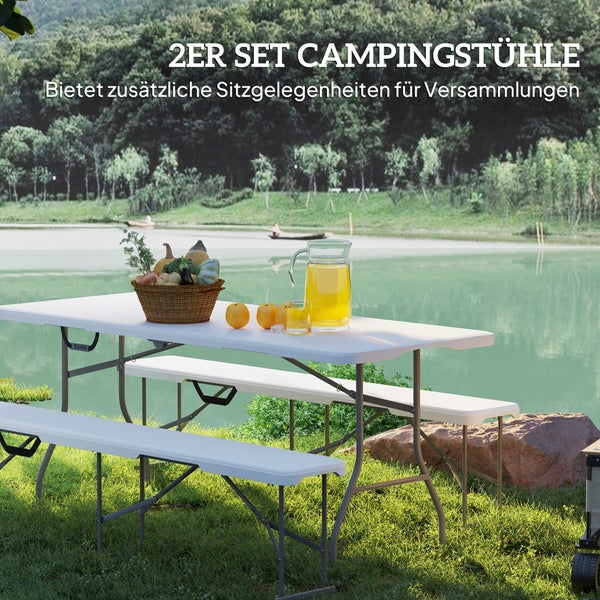 Outsunny 2er Set Bierzeltbank Klappbank 2 Personen 182cm klappbar Partybank mit Tragegriff, Metallbeine, wetterfest Campingbank für Indoor, Outdoor, Gartenbank bis 240 kg belastbar, Weiß