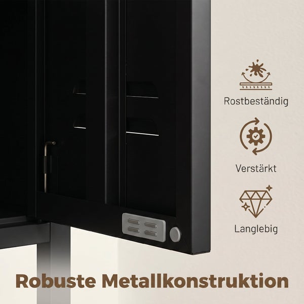 Detailansicht einer Schranktür mit Metallkonstruktion und Piktogrammen für Rostbeständigkeit, Verstärkung und Langlebigkeit.
