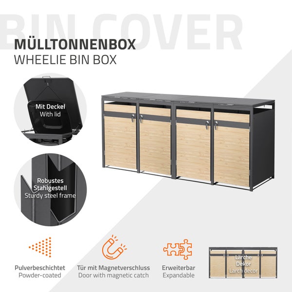 Mülltonnenbox für vier Tonnen mit Stahlgestell, Fronten in Lärche-Dekor, Deckel, Magnetverschluss, erweiterbar und pulverbeschichtet.
