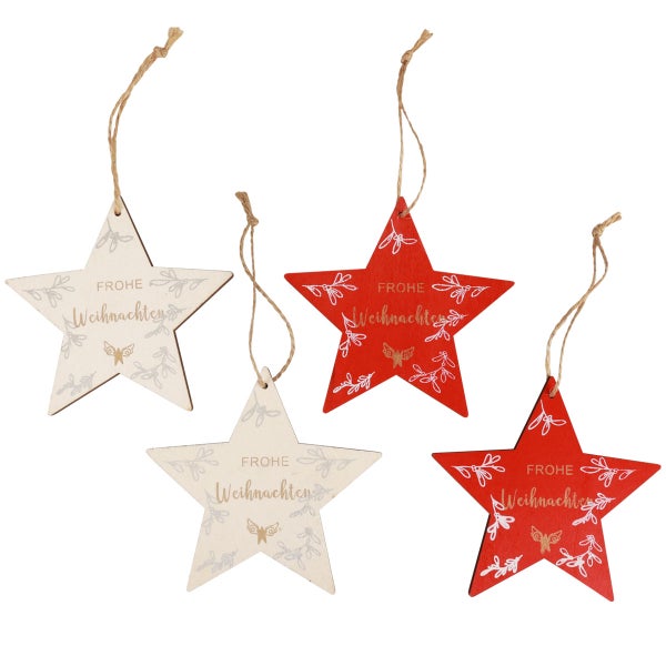 Weihnachtsbaumschmuck Sterne mit Frohe Weihnachten Schriftzug, Set mit vier Stück