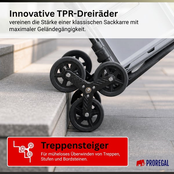Sackkarre mit TPR Dreirädern als Treppensteiger zum Überwinden von Treppen, Stufen und Bordsteinen. Proregal Logo.
