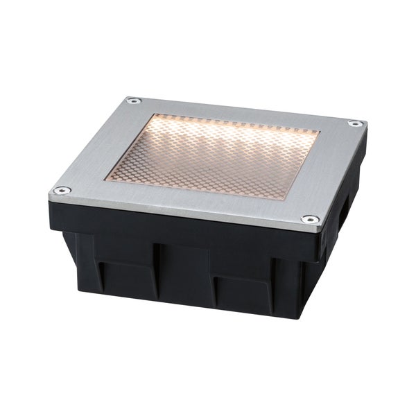 Quadratische LED Boden-Einbauleuchte aus Edelstahl und Kunststoff mit strukturiertem Glas.