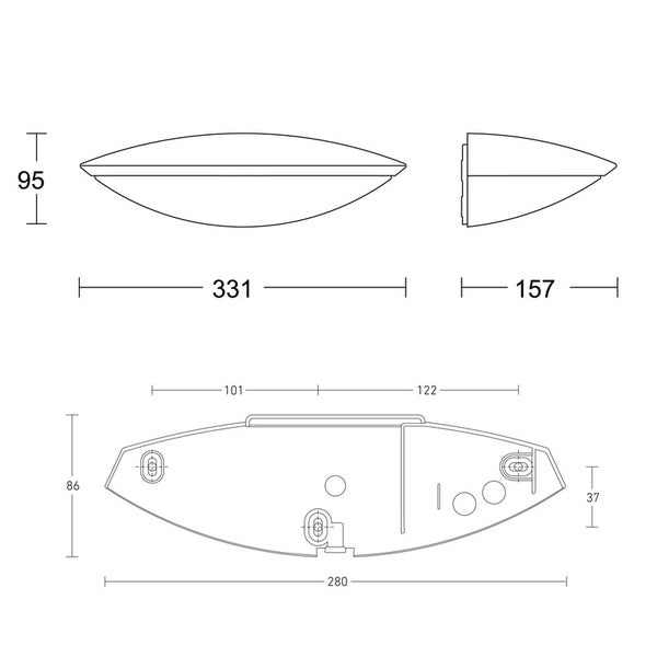 Maßzeichnung einer ovalen Außenwandleuchte mit Abmessungen in Millimeter: Länge 331, Tiefe 157, Höhe 95 sowie Details zur Montageplatte.
