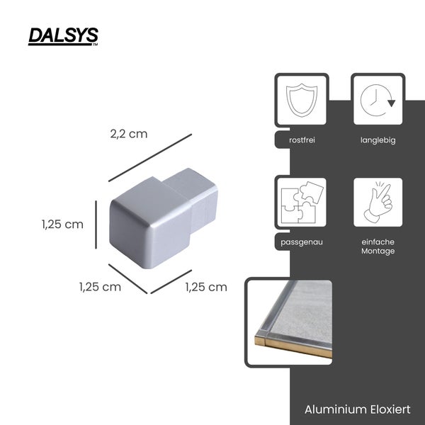Dalsys Logo. Eckstück aus eloxiertem Aluminium, 2,2 mal 1,25 Zentimeter. Rostfrei, langlebig, passgenau und einfache Montage.