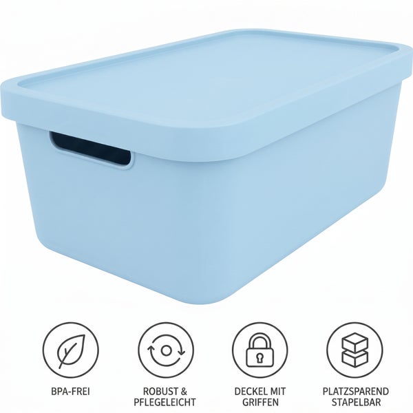 Kunststoff Aufbewahrungsbox mit Deckel und Tragegriffen, stapelbar, BPA frei, robust und pflegeleicht.