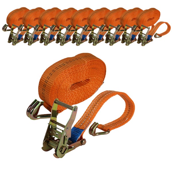 Set von zehn Zurrgurten mit Ratschen und Haken zur Ladungssicherung aus strapazierfähigem Gewebe.