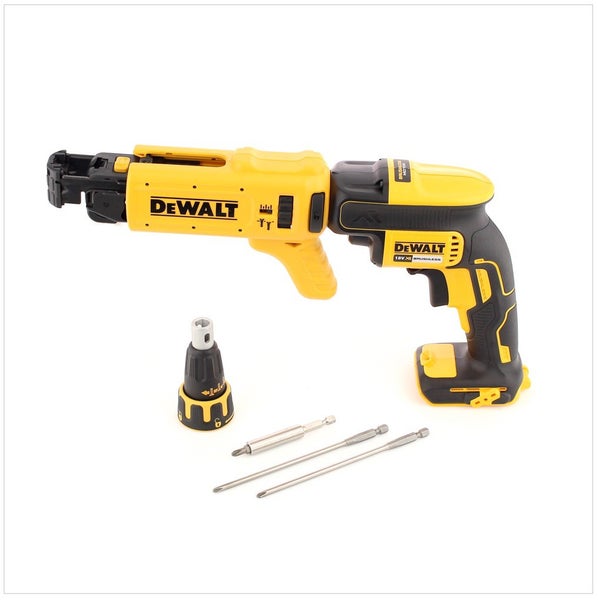 DeWALT 18 Volt Akku-Trockenbauschrauber bürstenlos mit Magazinvorsatz, Tiefenanschlag und langen Bits.