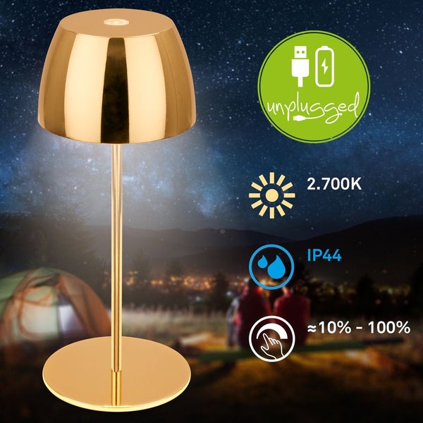 Briloner Serina Mini LED Tischlampe kabellos IP44, Dimmbar, Touch, Spritzwasserschutz, akku, gold, Ø8 x 20 cm