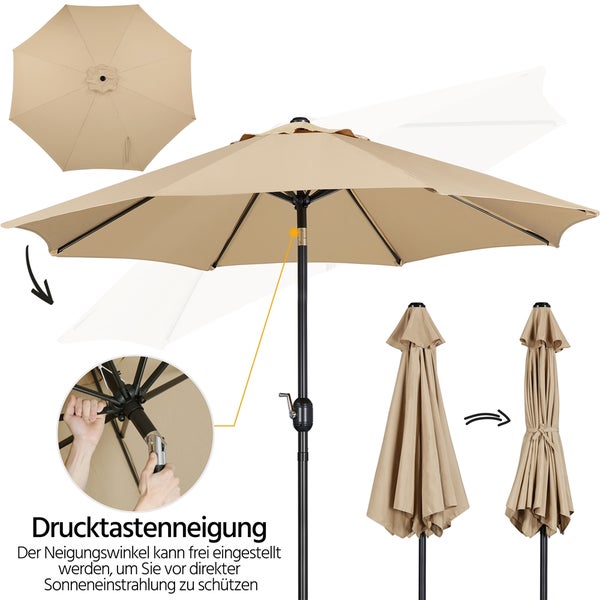 Beiger Gartenschirm mit verstellbarem Neigungswinkel und einfacher Faltfunktion