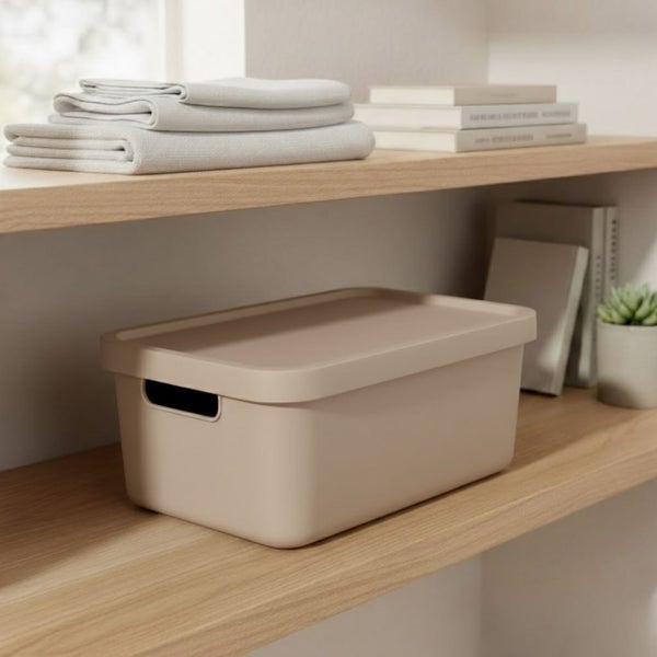 Aufnahme einer Regalszene mit einer Aufbewahrungsbox, Handtüchern und Büchern.