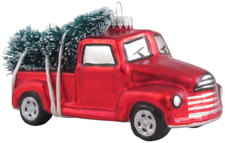Historischer Pickup 8cm mit Weihnachtsbaum, Glasornament, mundgeblasen und handekoriert, 1 Stck., Weihnachtsbaumkugeln, Christbaumschmuck, Weihnachtsbaumanhänger