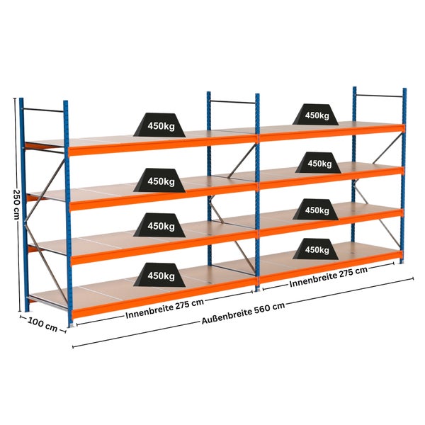 Lagerregal mit vier Ebenen, Abmessungen und Gewichtsangaben