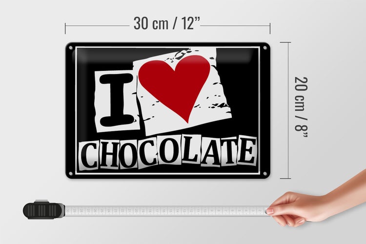 Blechschild Spruch 30x20cm I Love Chocolate (Herz)