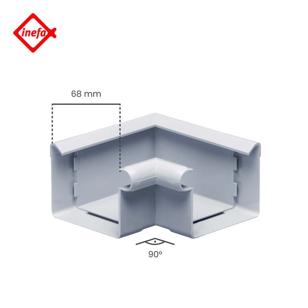 Inefa Logo, Dachrinnen-Außenecke aus Kunststoff, Nennweite 68 Millimeter, Winkel 90 Grad.