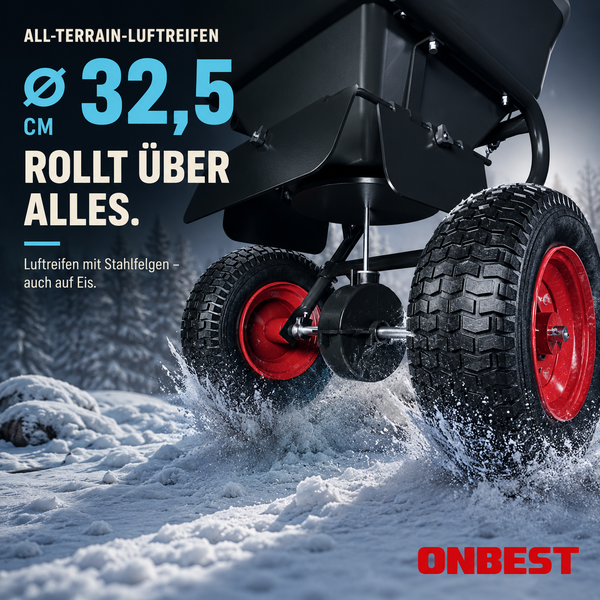 ONBEST Streuwagen mit geländegängigen Luftreifen von 32,5 Zentimeter Durchmesser und Stahlfelgen, der durch Schnee fährt. ONBEST Logo.