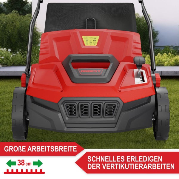 Vertikutierer mit 38 Zentimeter Arbeitsbreite für die effiziente Rasenpflege auf einer Rasenfläche.