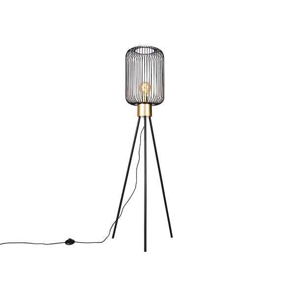 QAZQA - Modern Design-Stehlampe schwarz mit Gold I Messing - Mayelle I Wohnzimmer I Schlafzimmer - Stahl Rund - LED geeignet E27