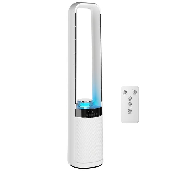Blattloser Turmventilator in Weiß mit Fernbedienung, digitaler Anzeige und integrierter Beleuchtung.