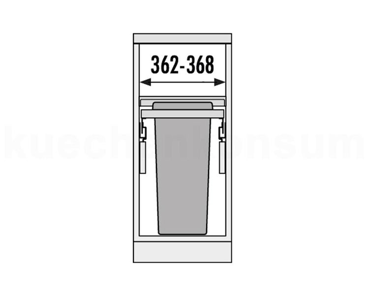 Einbauskizze für einen Abfalleimer im Unterschrank mit Angabe der benötigten Schrankbreite von 362 bis 368 Millimetern.
