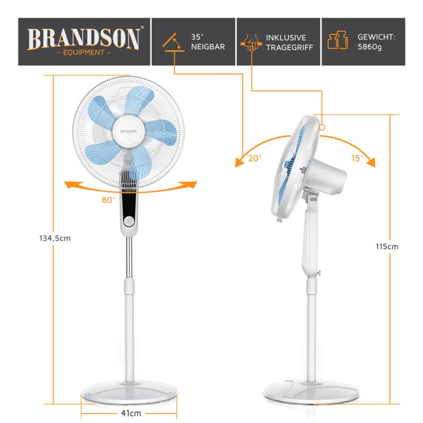 Brandson Standventilator DC Motor mit Fernbedienung + LED Display, Oszillation, Ventilator leise, Höhe verstellbar, energiesparend, Weiß