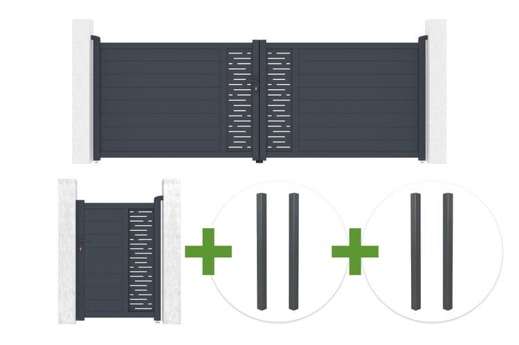 Set aus Aluminium-Doppeltor, Gartentür und vier Pfosten mit horizontalen Lamellen und dekorativen Ausschnitten.