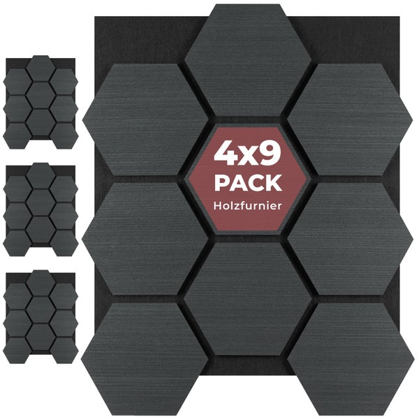 Packung mit 4 Wandpaneelen aus Holzfurnier mit jeweils 9 sechseckigen Elementen in dunkler Holzoptik.