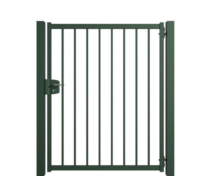 Metallgartentor mit senkrechten Streben und Schloss