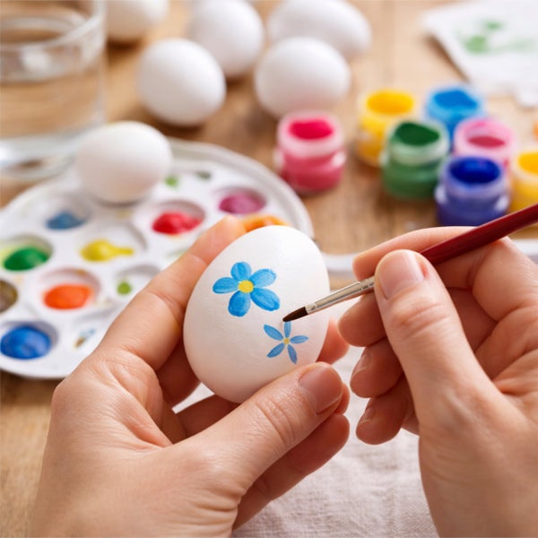 Hände bemalen ein weißes Osterei mit einer blauen Blume, im Hintergrund Palette und Farbtöpfe auf einem Holztisch.
