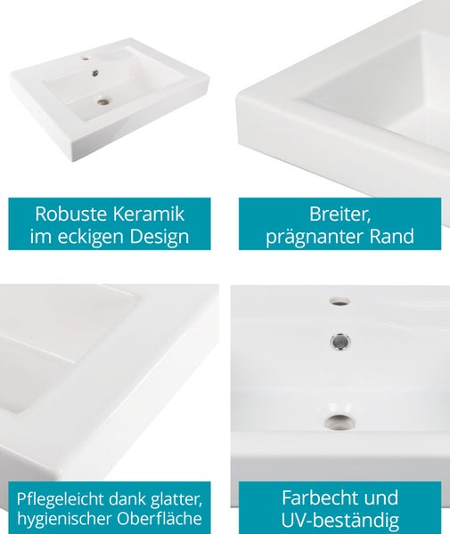 Calmwaters® Waschbecken Modern Square eckig in Weiß, aus hochwertiger Sanitär-Keramik mit Hahnloch und Überlauf zur Wandmontage, Hänge-Waschtisch mit Ablage, 60 x 45 cm groß, 05BC2364
