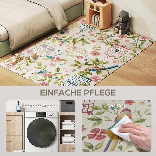 Kinderteppich mit Vögeln, Blumen und Vogelkäfigen auf Holzboden, maschinenwaschbar und pflegeleicht durch einfaches Abwischen.