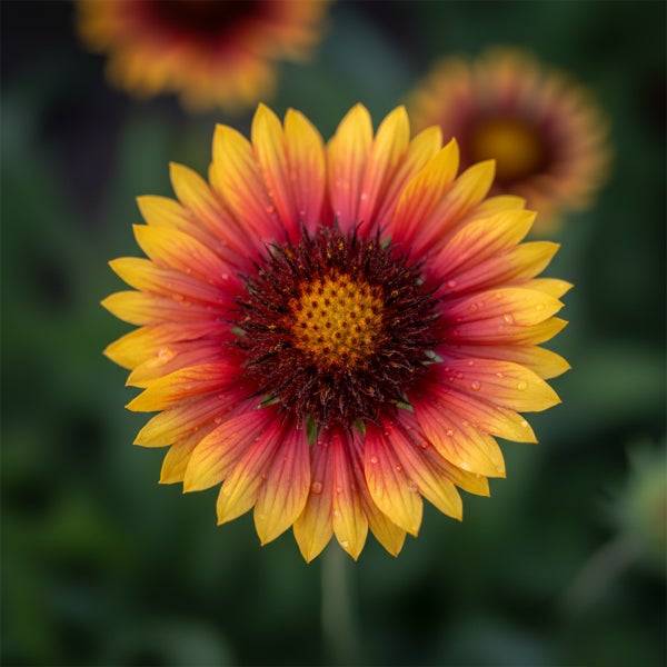 Gaillardia Kokardenblume in Blüte mit rot-gelben Blütenblättern und Wassertropfen.