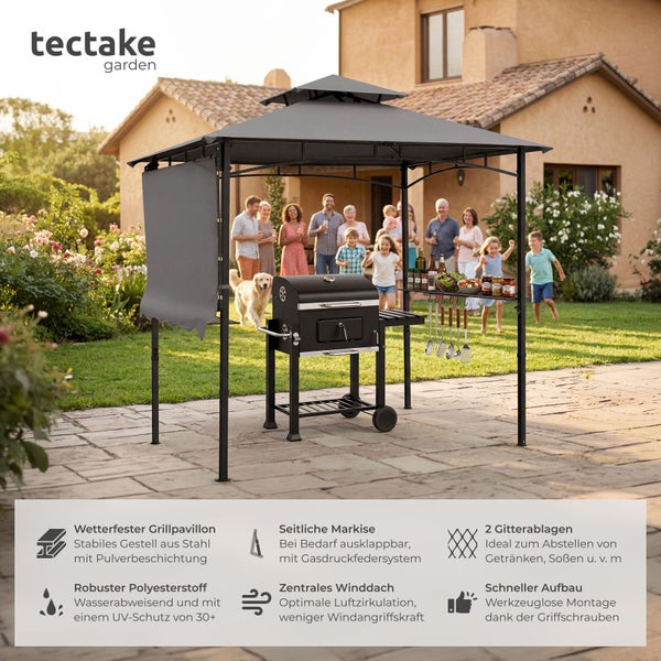 tectake garden Logo. Wetterfester Grillpavillon aus Stahl mit Doppeldach, Markise und Ablagen in einem hellen Garten mit Grill und Personen.