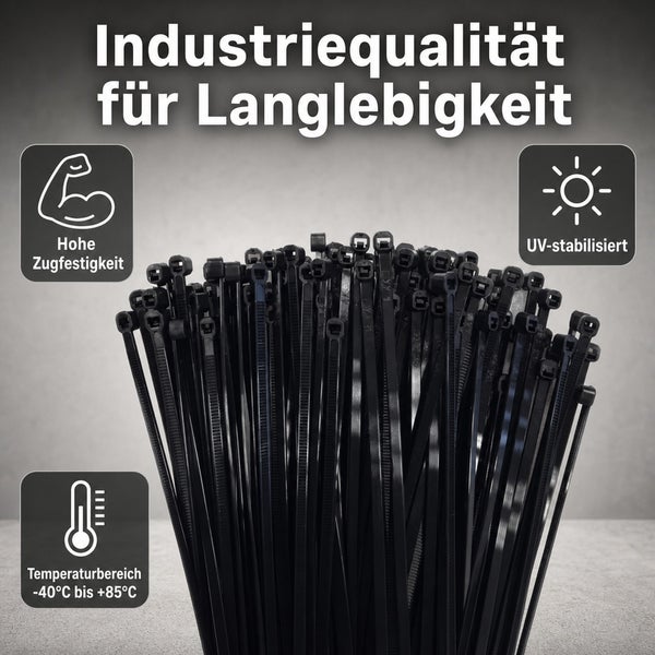 Ein Bündel schwarzer Kabelbinder in Industriequalität mit Symbolen für hohe Zugfestigkeit, UV-Stabilität und Temperaturbeständigkeit.