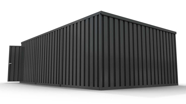 Lagercontainer Gerätehaus XL3  – 32 qm, H2150 x B5080 x T6520 mm, Außenwandlackierung anthrazit, Dach außen verzinkt, mit Holzfußboden, 2750 mm Doppelflügeltür mittig in Stirnseite, montiert