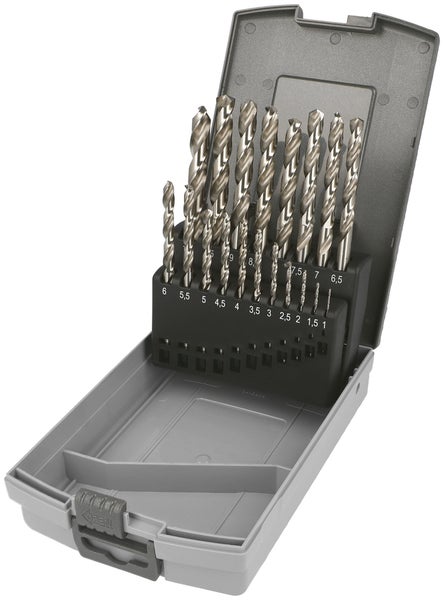 Spiralbohrer-Set für Metall in geöffneter grauer Kunststoffbox, sortiert nach Größen von ein bis zehn Millimeter.