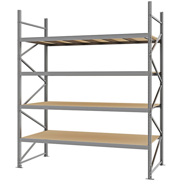 Stabiles Weitspannregal aus Metall mit vier breiten Holzböden, ideal als Schwerlastregal für Werkstatt oder Keller.