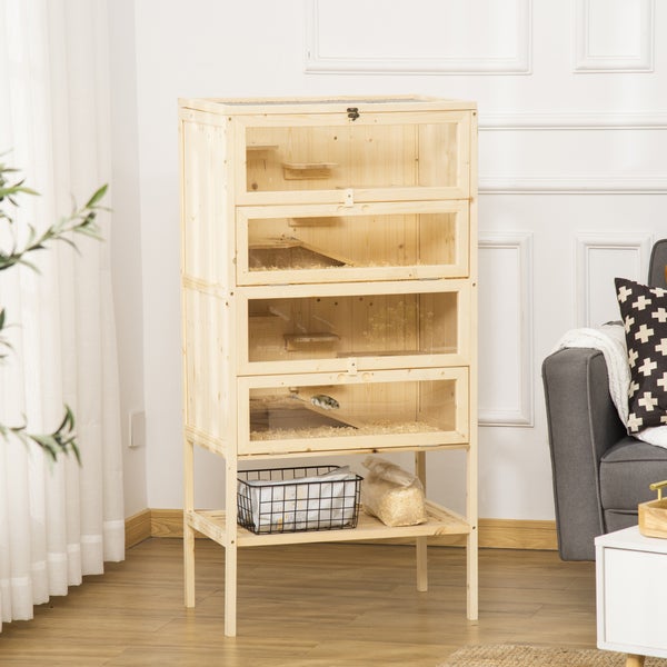 PawHut Kleintierkäfig 5 Etagen mit Gitterdach Rampen Kleintierstall Käfig Nagerkäfig Meerschweinchenstall Tannenholz Naturholz 60 x 40 x 120 cm