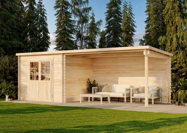 Alpholz Gartenhaus Brilon 28-A Gartenhaus aus Holz Holzhaus mit 28 mm Wandstärke inklusive Terrasse, Blockbohlenhaus mit Montagematerial imprägniert 7x2,5m