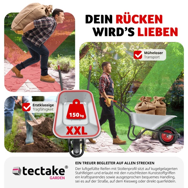 Produktbild zeigt eine Schubkarre mit einer maximalen Tragfähigkeit von 150 Kilogramm, die den Rücken beim Transport entlastet. Tectake Garden Logo.