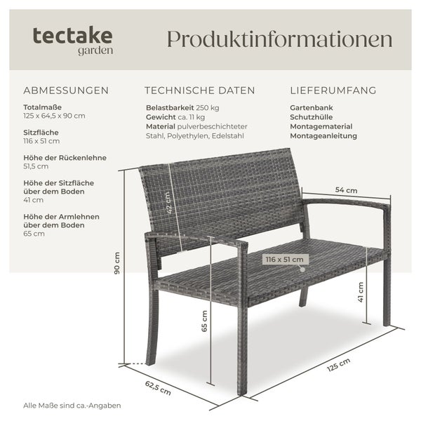 Technische Zeichnung einer Tectake Garden Gartenbank aus Rattanoptik mit Maßangaben, Materialinformationen und Lieferumfang.