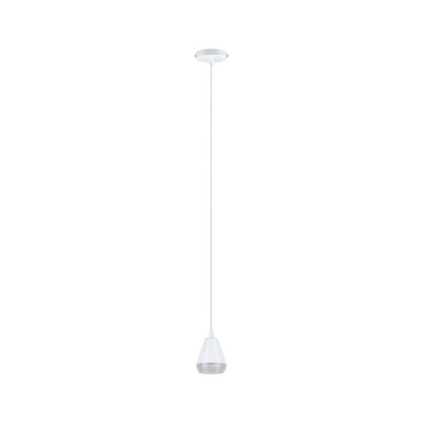 Weiße Pendelleuchte mit konischem Schirm, langem Kabel und silbernem unteren Rand für die Deckenmontage.