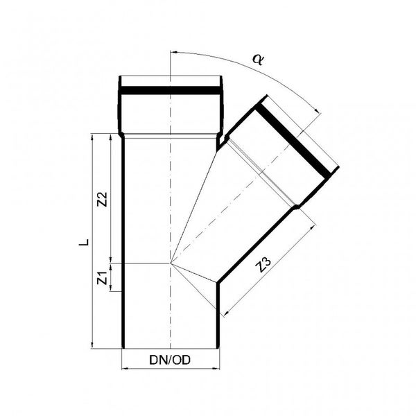 Technische Zeichnung eines Rohr-Abzweigs mit Maßangaben für Länge, Durchmesser und Winkel.