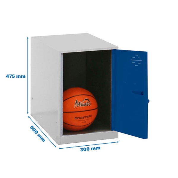 Stahlschrank mit offener blauer Tür und Basketball, Maße 475 x 500 x 300 mm