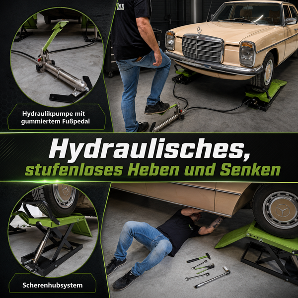 Hydraulisches Scherenhubsystem für PKW mit Fußpumpe und gummiertem Pedal für stufenloses Heben und Senken bei der Fahrzeugwartung.