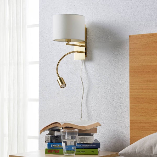 Lindby Wandlampe Textil Messing matt mit LED Leselampe Flexarm, Wandleuchte innen Nachttischlampe Wand Schlafzimmer Wohnzimmerlampe