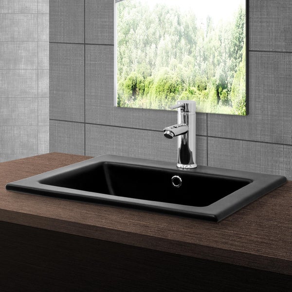 ML-Design Waschbecken aus Keramik in Schwarz matt 52,5x21x45 cm mit Ablaufgarnitur, Eckige Einbauwaschbecken mit Hahnloch und Überlauf, Aufsatzwaschbecken Einbauwaschtisch Waschschale Handwaschbecken