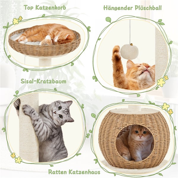 Katzenkratzbaum mit Korb, Spielzeug und Katzenhaus