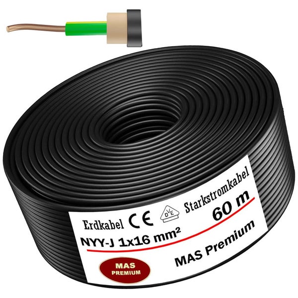 Erdkabel NYY-J 1 mal 16 Quadratmillimeter MAS Premium, 60 Meter Rolle, Starkstromkabel mit Detailansicht der Ader, CE und VDE Kennzeichnung.