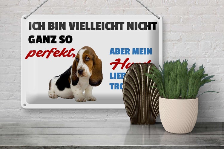 Metallschild mit dem Spruch: Ich bin vielleicht nicht ganz so perfekt, aber mein Hund.