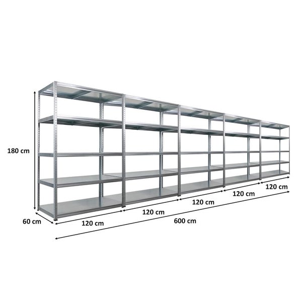 Langes Metallregal mit den Maßen 180 cm Höhe, 60 cm Tiefe und 600 cm Breite